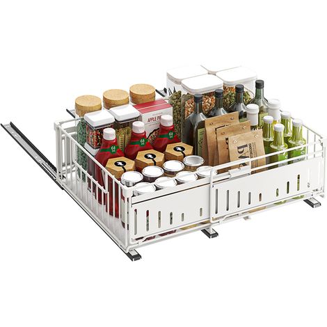 Expandable Pull-Out Kitchen Cabinet Organizer – Adjustable Slide-Out Storage Drawer, Silent Sliding, Adhesive Install, No Drilling – White 1 Piece ZWJ-5018-WH (1/5)