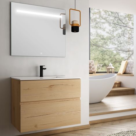 Meuble de salle de bain simple vasque - 2 tiroirs - MIG et miroir Led STAM - 80cm (1/3)