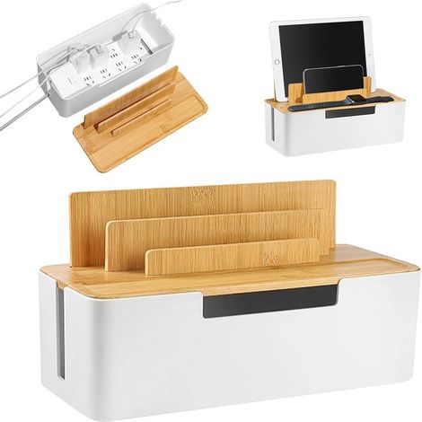 CCYKXA Kabelmanagementbox, Kabelorganizer mit Deckel, robuste Aufbewahrungsbox aus Bambus und ABS, zum Verstecken von Steckdosenleisten, zum Abdecken und Verbergen von Kabeln, weiß