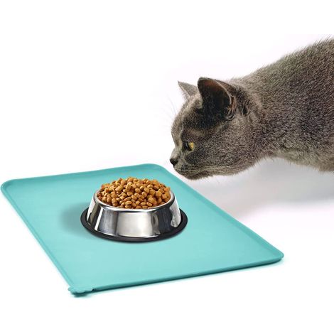 Tapis de gamelle pour chiens et chats, imperméable et antidérapant en silicone, pour gamelles d'eau et de nourriture, 47 x 30 cm, turquoise