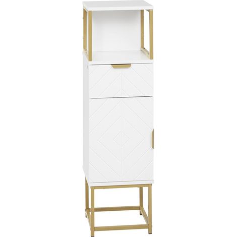 MOBILE COLONNA BAGNO CON CASSETTO. ARMADIETTO E RIPIANO IN LEGNO E METALLO. 30X30X105CM. BIANCO (1/5)