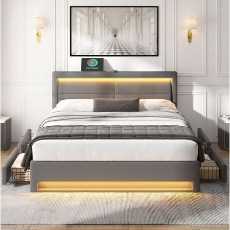 lit adulte rangement LED USB 140x200 PU gris OKMYHOME (1/5)