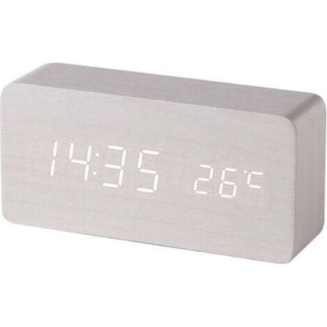 (Blanc) Réveil digital en bois avec contrôle sonore par LED, alimentation double par batterie USB, horloge silencieuse en bois avec LED, décorations pour la maison (1/4)