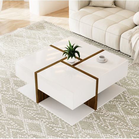 Tavolino da caffè 78x78x34.8 cm bianco in truciolare lucido con 4 cassetti e ripiano inferiore (1/5)