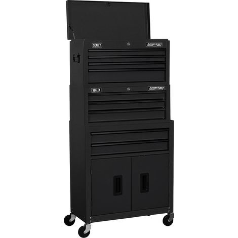 Sealey AP2200BKSTACK American PRO Topchest, Mid-Box Tool Chest & Rollcab Stack 9 Drawer - Black (1/5)