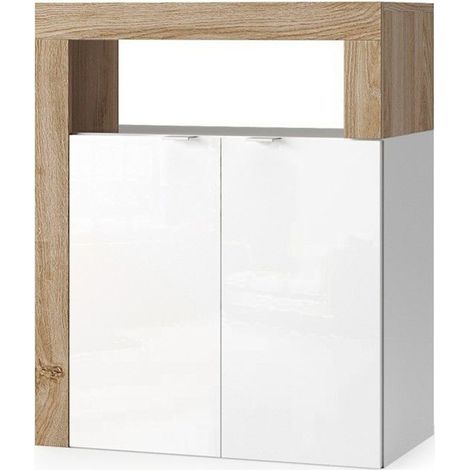 Mobile da bagno BURA – 2 porte, 2 scaffali – Bianco lucido laccato e rovere chiaro