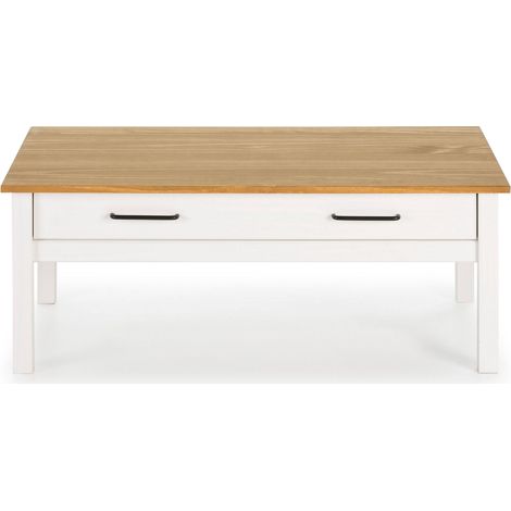 Table basse en pin massif ciré avec rangements coloris naturel/blanc - Longueur 100 x Profondeur 55 x Hauteur 40 cm -PEGANE- (1/4)