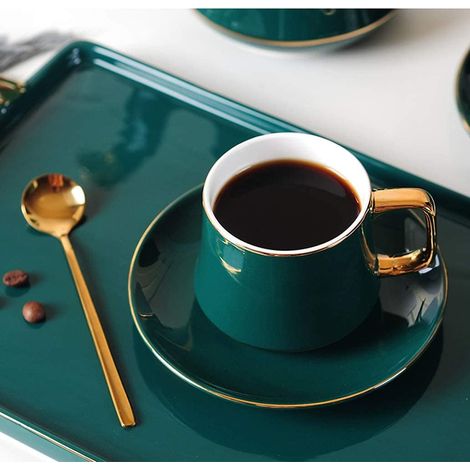 Tassen mit Untertasse, Basic, für Tee, Kaffee oder Cappuccino für 1 Person, Europäisches Keramik-Gold-Set, 2 grüne und 2 graue Tassen, 250 ml (1/5)