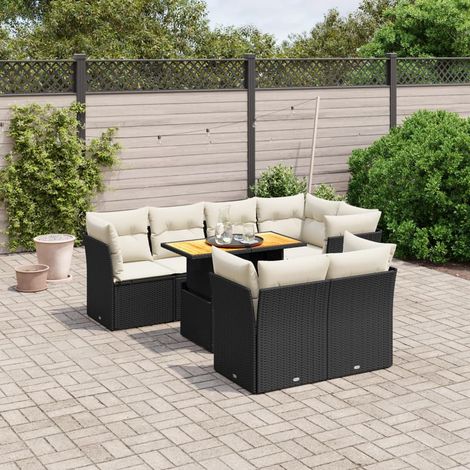 Ensemble salon jardin 8 places résine tressée noir avec coussins - Table extensible acacia et sièges modulaires (1/3)