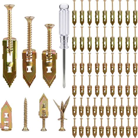 Lot de 60 chevilles pour cloison sèche avec vis et tournevis, chevilles auto-perceuses pour plaques de plâtre, chevilles en métal pour miroirs, images, étagères (1/5)