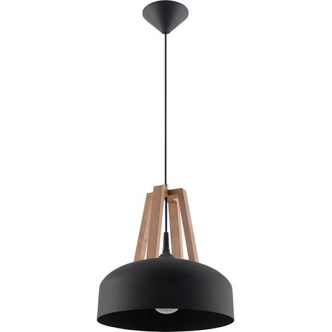 Pendelleuchte schwarz Hängeleuchte natur Holz Wohnzimmerlampe Decken Hängelampe, Metall rund,1x E27, DxH 30x100 cm