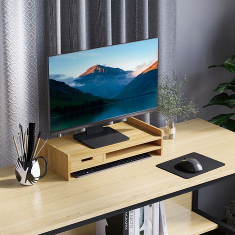 Support d'écran. Ordinateur portable Socle TV Ordinateur de bureau Organisateur avec tiroir Bambou
