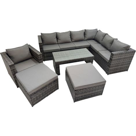 Fimous Outdoor Rattan Oblong Coffee Table Corner Sofa Sets Garden Furniture Set with Chair 2 Big Stools Dark Grey Mixed (1/5)