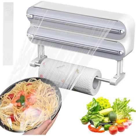 Derouleur Film Alimentaire Magnétique, 3 in 1 Derouleur Film Alimentaire, Distributeur et Film Alimentaire, Magnétique Distributeur Papier Aluminium et Film, Aluminium et Film, Gris (1/5)