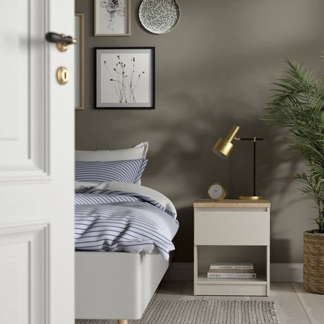 Dmora - Nachttisch Solantra, niedrige Kommode mit 1 Schublade, kompakter und funktionaler Nachttisch, 40x40 h50 cm, Beige (1/5)