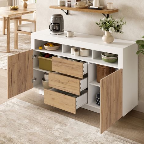 Buffet 140x40x85 cm blanc et naturel en panneaux de particules avec 3 tiroirs, 2 portes et 3 niches (1/5)