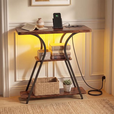 COSTWAY Consolle Ingresso, Tavolo d'Ingresso a 3 Ripiani con Luce, Stazione di Ricarica e Telecomando, Consolle Salvaspazio con per Corridoio, Entrata e Salotto 79,5 x 30,5 x 81,5 cm (Marrone) (1/5)