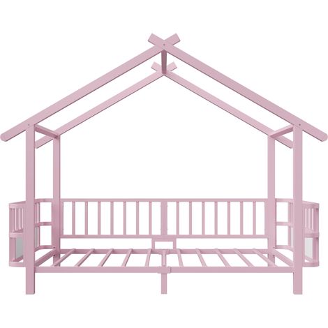 Cama infantil casita de metal 90 x 200 cm con barandillas de seguridad rosa MODENUIT (1/5)