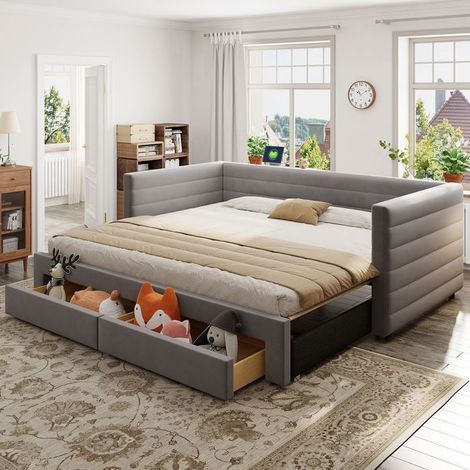 Lit Gigogne 90x190 cm - Design Moderne Tissu Gris, 2 Tiroirs - lit 2 places - Extensible 180x190, Sommier Lattes Inclus, Gain Place (1/5)
