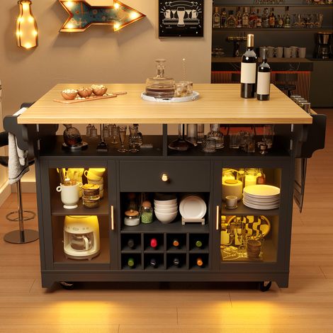 Desserte de cuisine noire avec LED RGB, plateaux rabattables et casier à vin (1/5)