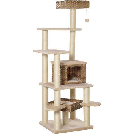 Rattan Kratzbaum Kletterbaum Katze Mit Katzenhöhle Mehrstufiger Katzenbaum E1 Mdf Sisal Beige+Braun 55 X 55 X 174 Cm