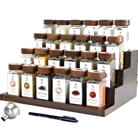 Juego de botes para especias, materiales ecológicos, 24 botes incluidos, 24 botes de especias de madera de palisandro. (1/2)