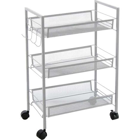 CARRELLO BIANCO DA CUCINA PORTAFRUTTA 45X27X63H CM STRUTTURA IN METALLO CON 3 RIPIANI + ROTELLE E APPENDI STROFINACCIO (1/2)