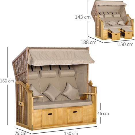 Transat de plage Outsunny 3 places, Transat de plage avec toit et 2 tables pliantes, Repose-pied, Polyrattan XXL nature, 150x79x160cm, Pour jardin & terrasse (1/5)
