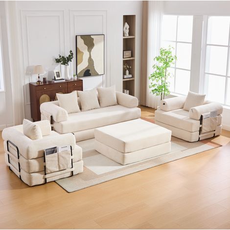 Modulares Sofa aus Cord in Beige mit Hocker, Metallrahmen, Seitentasche und 3 Kissen,200x190x67 cm (1/5)