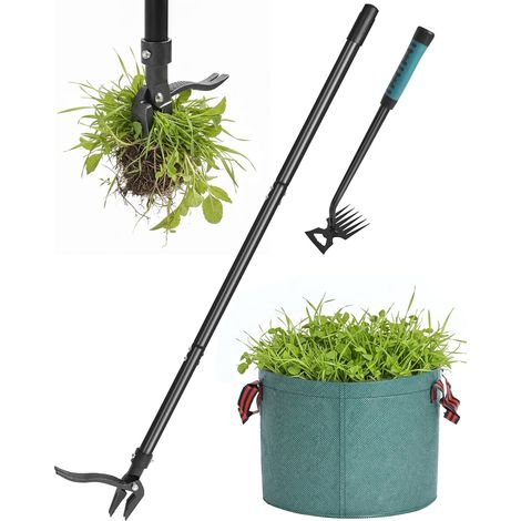 Désherbeur manuel avec long manche (environ 114 cm), désherbeur debout avec 4 griffes, râteau à main et sac à déchets de jardin de 50 l, outil de jardin mécanique pour pelouse et jardin (1/5)