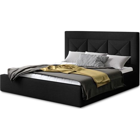 Lit moderne en tissu CLARIN - Avec ou sans rangement-Noir-200x200-Version sommier et coffre (1/5)