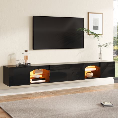 Meuble TV Suspendu 200 cm avec 4 Portes et Étagères en Verre, Éclairage LED Contrôlé par App - Design Flottant Moderne - Meuble Télé Brillant Noir (1/5)