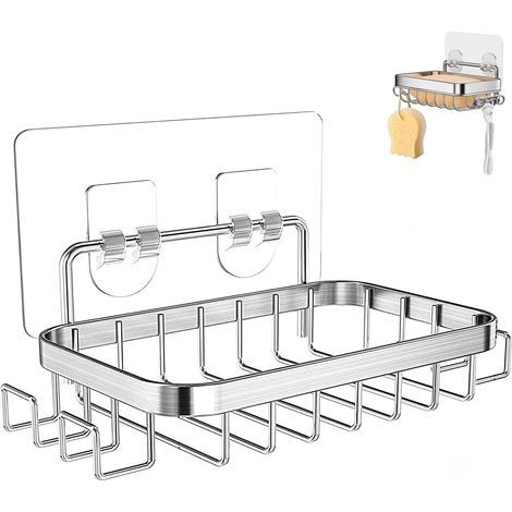CCYKXA Adhesive Stainless Steel Soap Dish with 4 Hooks, Square Shower Soap Dish, Wall Mounted Soap Dish No Drilling, Self-Adhesive Stainless Steel Soap Sponge Holder for Bathroom, Kitchen, Shower, Sin