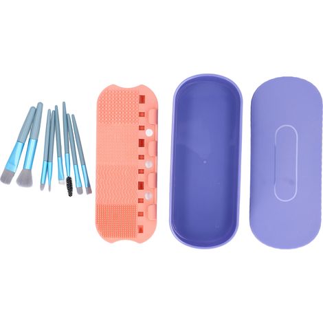 Boîte de rangement 3 en 1 en silicone violet avec tapis de nettoyage et séchage pour pinceaux de maquillage, comprenant 8 pinceaux. (1/5)