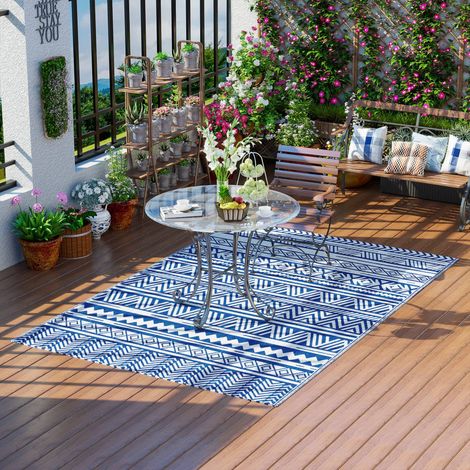 Outdoor-Teppich für Balkon und Terrasse, Wendematte mit geometrischem Muster, UV-beständig, für Garten, Terrasse, Strand, Picknick, 182 x 274 cm, Dunkelblau und Weiß