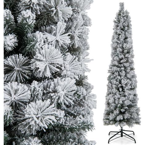 COSTWAY Sapin de Noël Artificiel Pré-éclairé 180 cm, en Forme de Crayon, Floqué de Neige, 150 Lumières Blanches Chaudes, 373 Pointes de Branches, Aiguilles de Pin, pour Maison, Bureau (1/5)