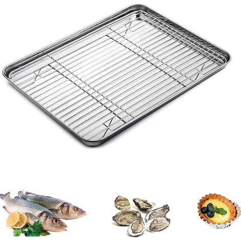 Baking Tray - Stainless Steel - 26 x 20 x 2.5 cm - With Integrated Rack - For Oven And Stovetop - 1 Piece (1/5)