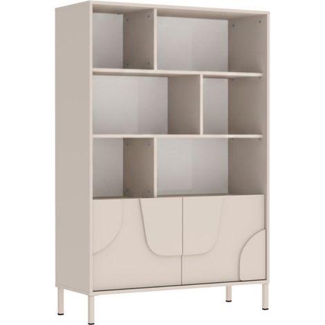 Meuble de rangement étagères 2 portes laqué beige façade relief piètement métal - EGERIE