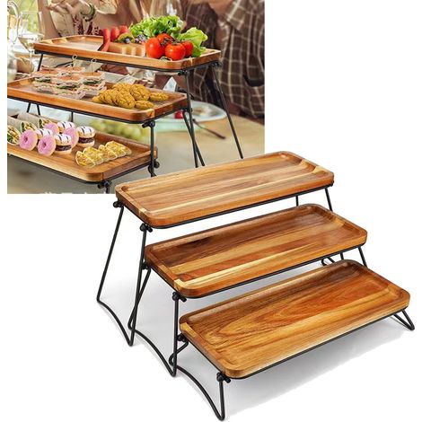 Présentoir à 3 étages, grand plateau de service en bois imitation bois, idéal pour les amuse-gueules, les fruits et les cupcakes. (1/5)