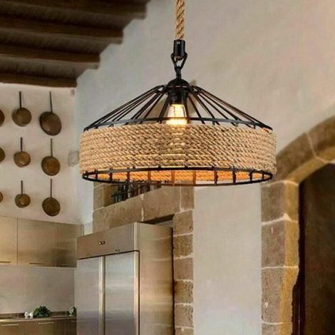 Lustre en corde de chanvre - 30 cm de diamètre - Style vintage - Abat-jour - Ampoule non incluse (1/4)