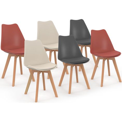 Idmarket – Lot de 6 chaises scandinaves – Dossier en polypropylène – Pieds en bois d'hévéa – Assise confortable – Mix color gris foncé, terracotta, beige