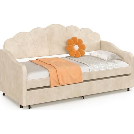 Ausziehbare Schlafcouch "AMANDA" im Muschel-Design, 2 x 90 x 190 cm, mit 2 beigen Velours-Lattenrosten (1/5)