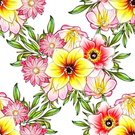 Tela Oxford decorativa para exteriores - Motivo de ramos de flores amarillo-rosa sobre fondo blanco I DR195 (1/5)