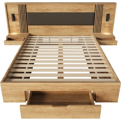 Lit double 180200cm, lit de rangement, lit en bois, lit pour adolescent, avec lampe de lecture, avec 2 tables de chevet, avec tiroirs, matelas inclus, couleur naturelle