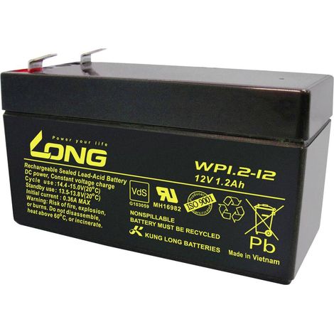 Long WP1.2-12 WP1.2-12 Batterie au plomb 12 V 1.2 Ah plomb (AGM) (l x H x P) 97 x 59 x 43 mm cosses plates 4,8 mm certification VdS, auto-décharge r Y807772 (1/2)