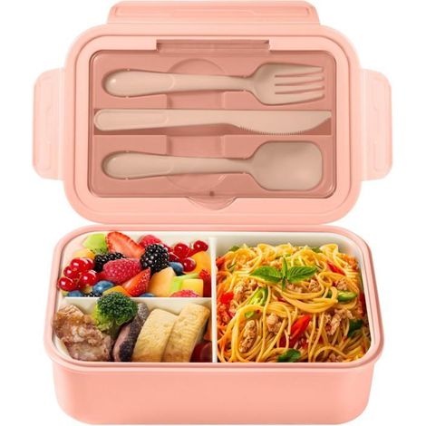 Lunch Box, Bento Lunch Box Enfant Adulte 1400ml avec 3 Compartiments, Anti-Fuite Boite Repas avec Couverts (Rose) (1/5)