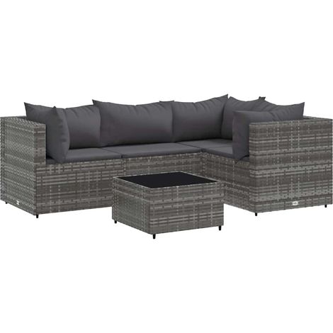 Vidaxl – Salon de jardin 5 pcs – Résine tressée gris – Coussins épais – Cadre acier résistant aux intempéries – Table avec verre trempé (1/6)