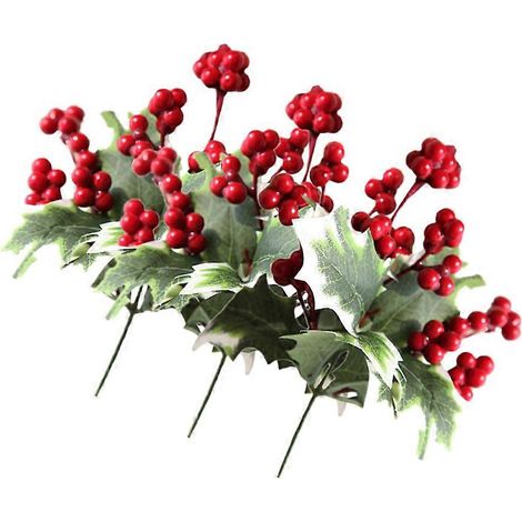 Lot de 3 tiges de baies de Noël pour décoration intérieure, ornement de sapin de Noël, pique à baies de houx, centre de table de Noël (1/5)