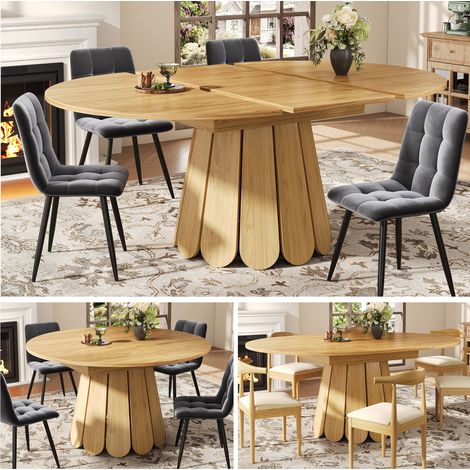 Mesa de comedor extensible MDF color madera natural 118-158x118x76,8 cm redonda a ovalada para 6 personas (1/5)