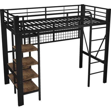 Cama alta 90 x 200 cm de metal y MDF con LED y almacenaje negro HOMVRA (1/5)